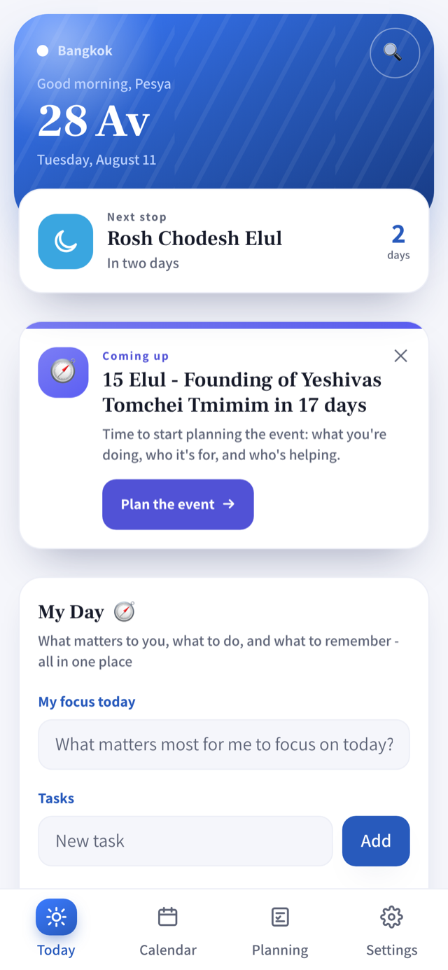 The Today screen in the Kivun app, with the daily route and reminders